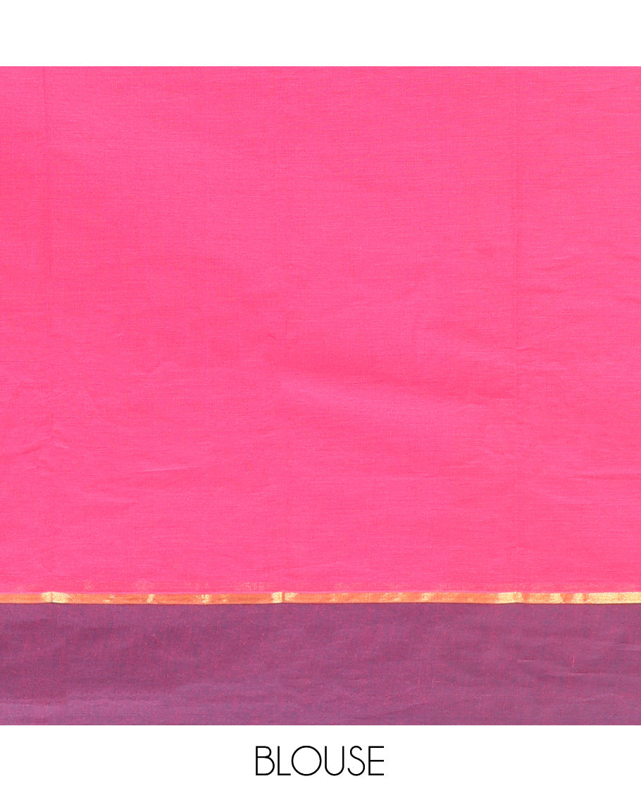 Pink Kanchi Cotton Saree, Woven with Buttas on Its Body, Complemented by Contrast Border, Pallu of Intricate Design, and a Matching Blouse