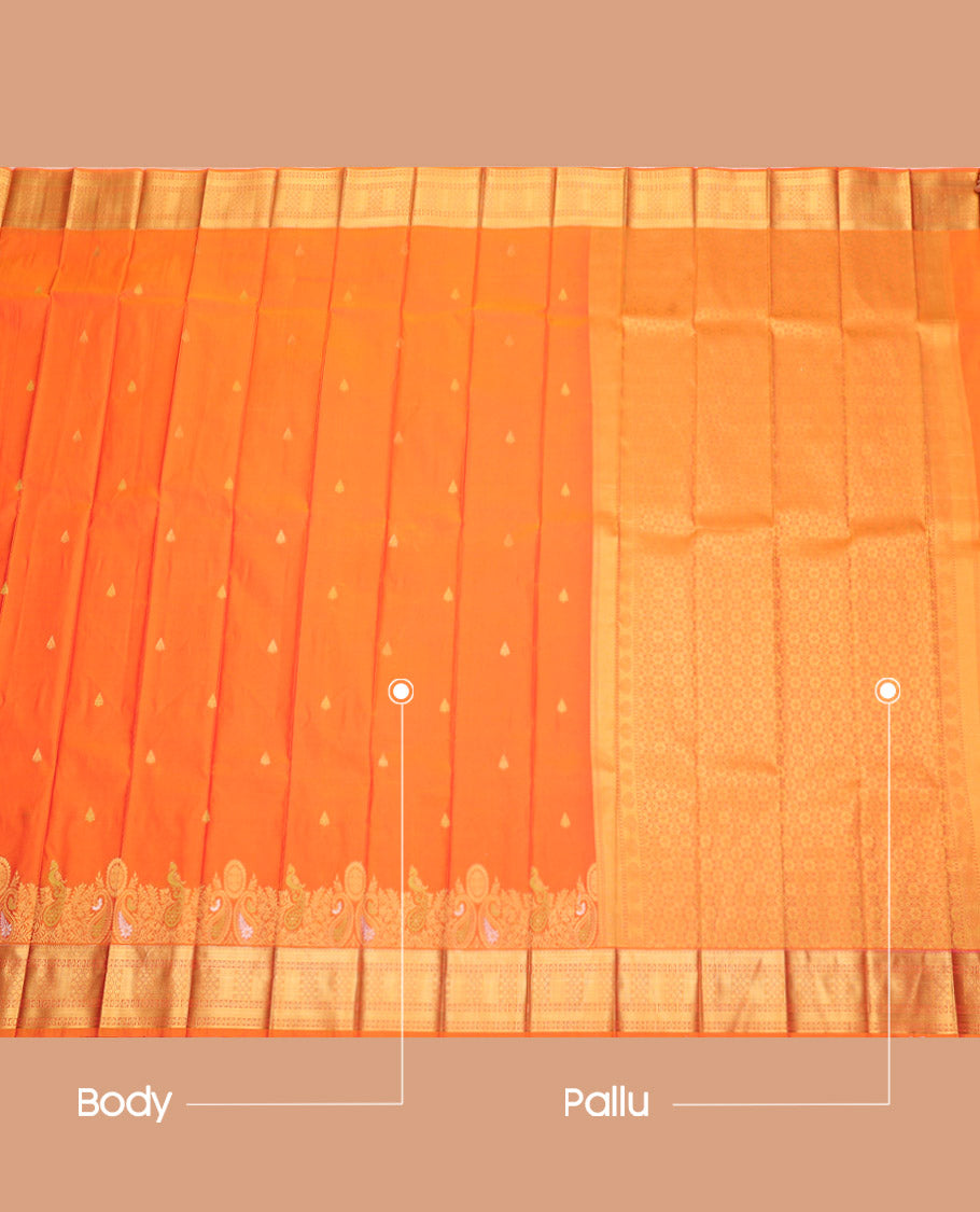 Orange Budget Silk Saree, Graced with Zari Buttas, Highlighted by a Traditional Zari Border, Intricately Designed Pallu, and a Matching Blouse