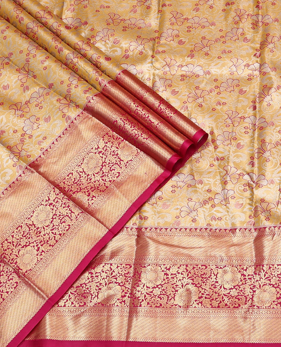Sandal Art Silk Material Half Saree, Majestically Detailed with Jacquard Skirt, a Contrast Floral Vine Zari Border, Contrast Blouse, and an Intricate Dhavani
