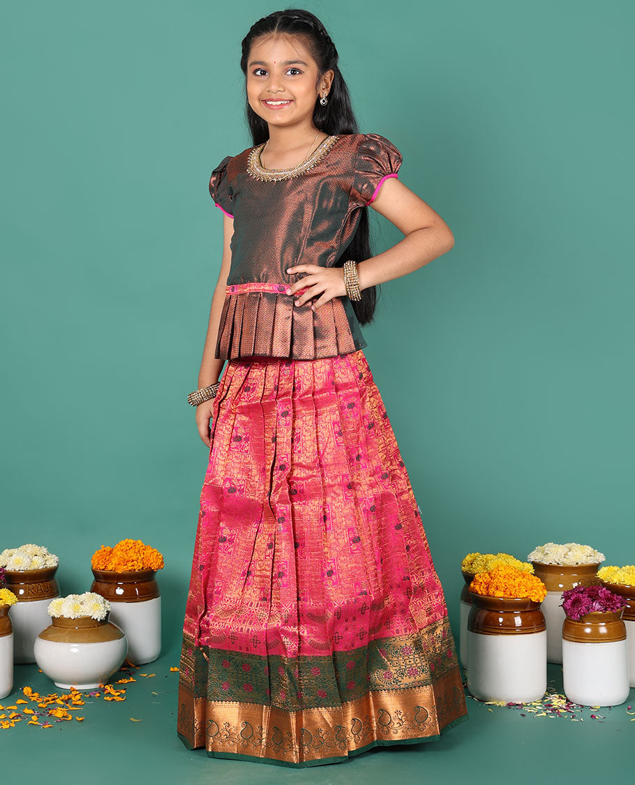 Pink readymade art silk pavadai, jacquard & contrast zari border skirt, & jacquard & embroidery round neck puff-sleeve blouse