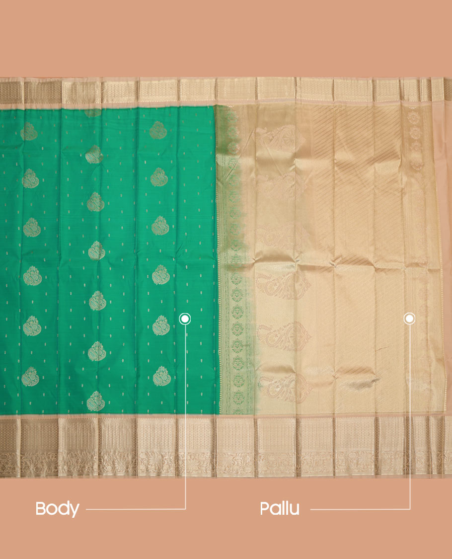 Green Budget Silk Saree, Detailed with Zari Buttas All Over Its Body, Complemented by a Contrast Traditional Zari Border, Pallu of Jaal and Paisleys, and Paired with a Contrast Blouse