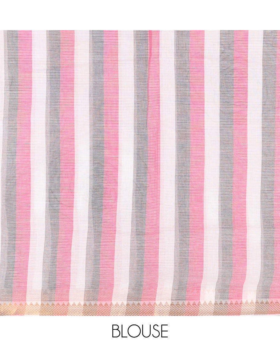 White Striped Andhra Cotton Saree, Beautifully Bedecked with Floral Motifs Print, Highlighted by a Temple Zari Border, Contrast Striped Pallu, and a Contrast Blouse