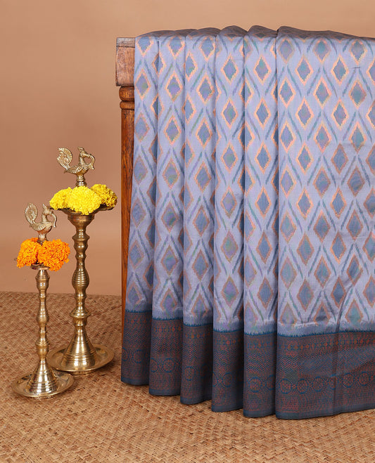 Grey diamond zari thread weaving mulberry silk saree with contrast traditional border & brocade rich weaving pallu along with butta design blouse