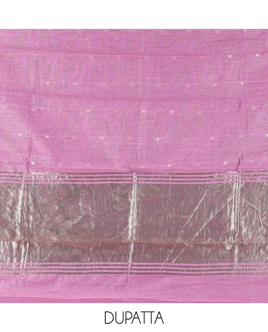 Pink Banarasi Chanderi Material Churidar Subtly Sparkled with Buttas Top, a Plain Bottom, and a Matching Dupatta