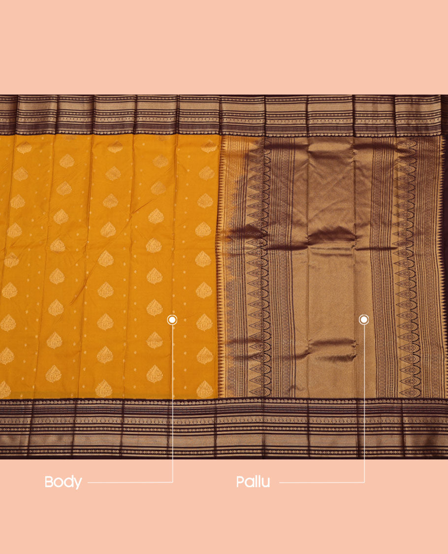 Yellow Budget Silk Saree, Spotlighted with Zari Buttas All Over Its Body, Complemented by a Contrast Traditional Zari Design Border, Grand Pallu, and Paired with a Contrast Blouse