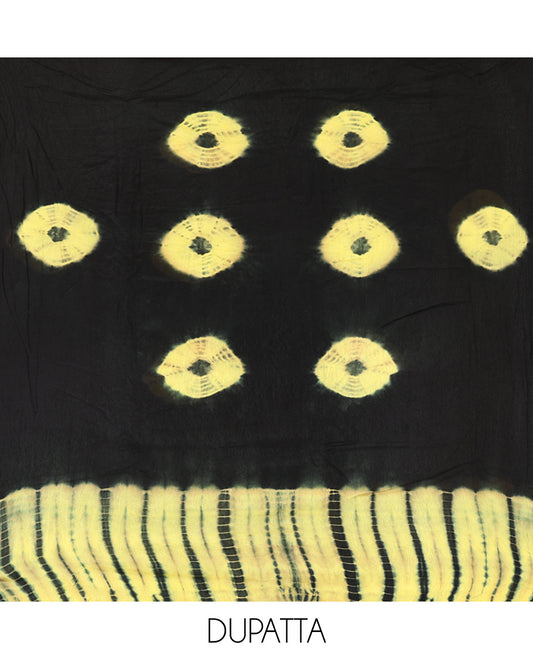 Black and Yellow Material Chudidar Set , Elevated with Shibori Printed Viscose Georgette Top, a Contrast Plain Bottom, Paired with Shibori Printed Dupatta