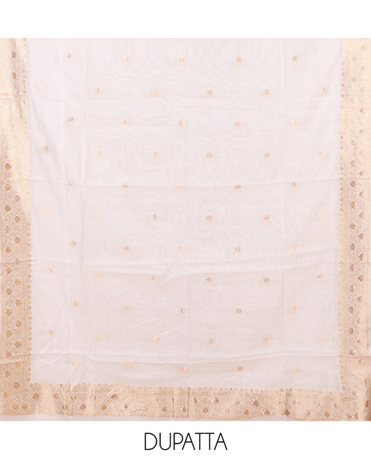 Cream Chanderi Chanderi Material Chudidar Features Buttas Top, Matching Blouse, Zari Design Dupatta