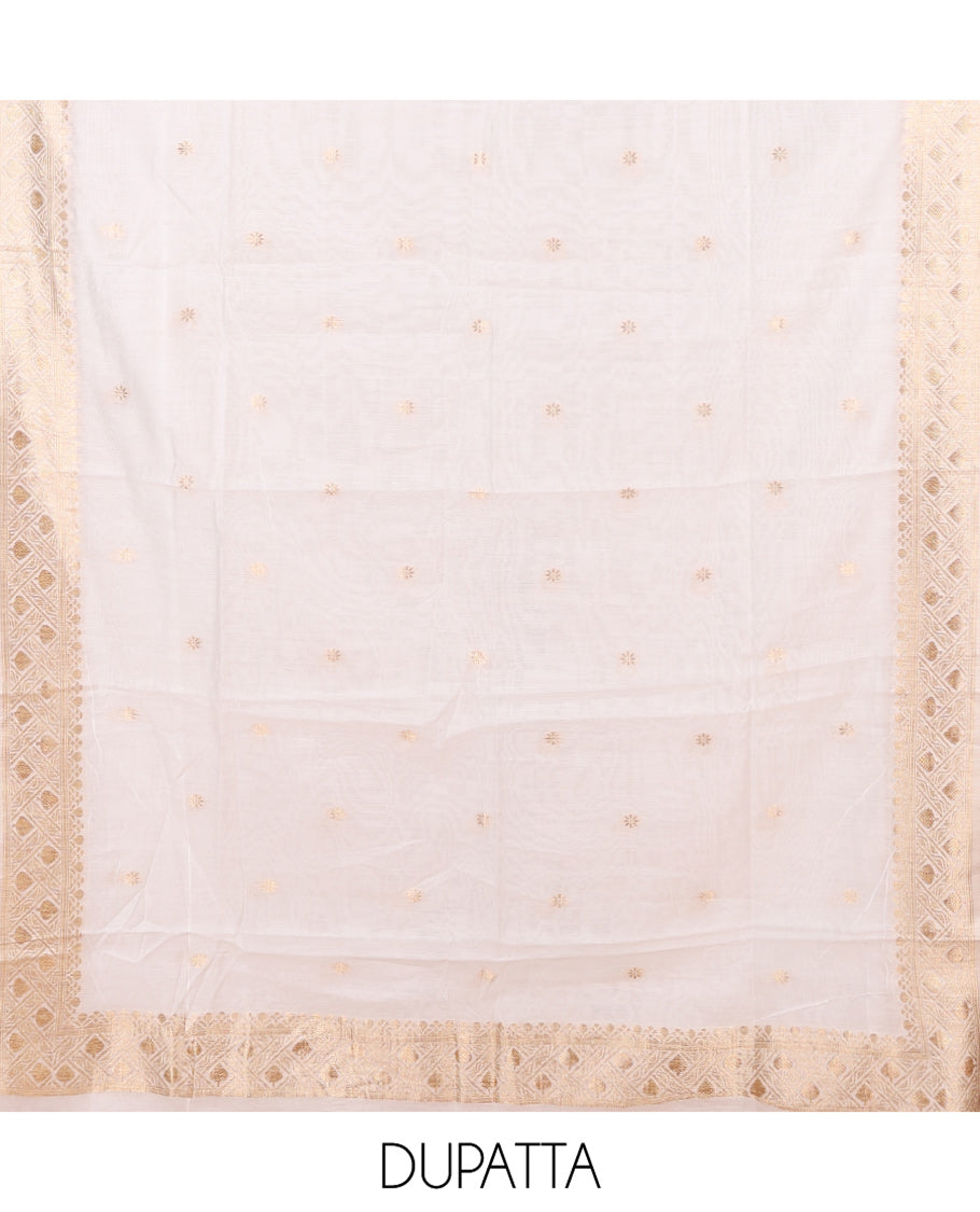 Cream Chanderi Chanderi Material Chudidar Features Buttas Top, Matching Blouse, Zari Design Dupatta