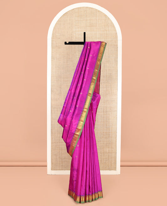 Rani Pink Kanchipuram Silk Saree, Woven with Zari Buttas, Complemented by a Contrast One-Sided Border of Banaras and Jaal Designs, Grand Pallu, and No Blouse