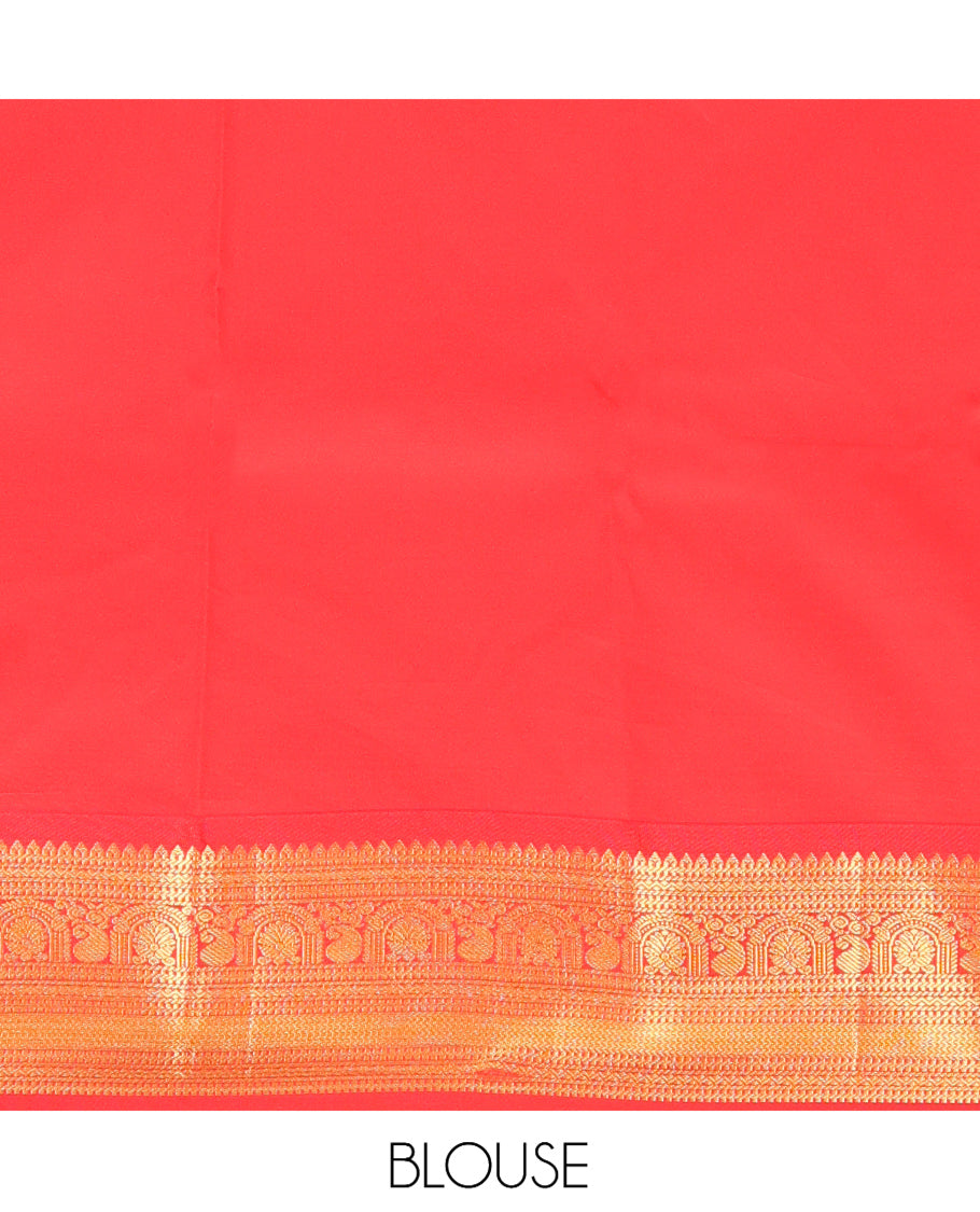 Violet Budget Silk Saree, Styled with Floral Zari Buttas, Complemented by a Contrast Traditional Zari Border, Grand Pallu, and Contrast Blouse