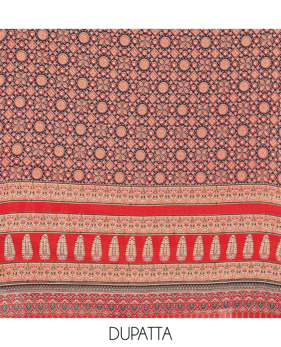 Coffee Brown Georgette Material Churidar, Ajrakh Print and Mirror Work Top, a Matching Bottom, and Ajrakh Printed Dupatta (Copy)
