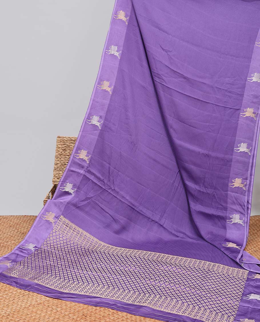 lavender striped mushru silk saree with animal motifs border & pallu of argyle pattern