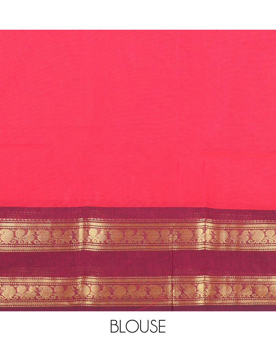Red Plain Chettinad Cotton Saree, Sparsely Woven with Buttas All Over Its Body, Complemented by Contrast Traditional Design Rettai Pettu Border, Striped Pallu, and Paired with Matching Blouse