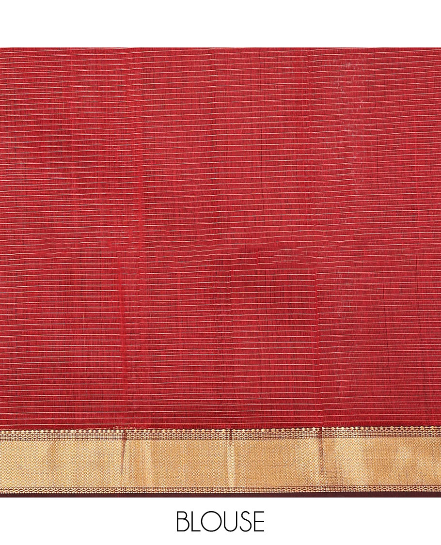 Red Maheshwari Cotton Saree, Subtly Sparkled by Zari Checks, Highlighted by a Traditional Zari Border, Gleaming Zari Decked Up Pallu, and Paired with a Matching Blouse