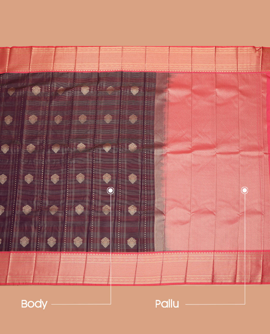 Brown Budget Silk Saree, Masterfully Woven with Zari Buttas and Stripes on Its Body, Complemented by a Contrast Traditional Zari Design Border, Jaal-Patterned Pallu, and Paired with a Contrast Blouse