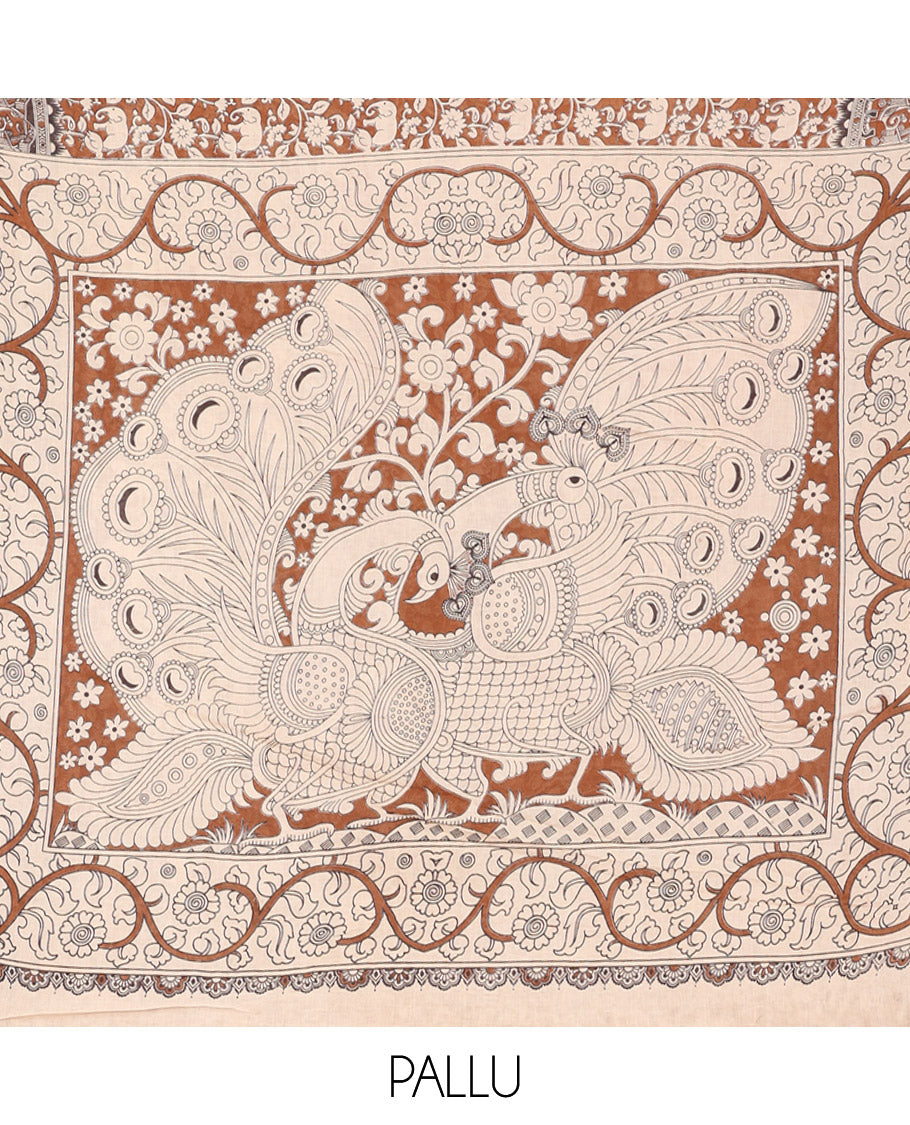 Brown Kalamkari Cotton Saree, Mesmerized with Flora-Fauna Print, Elephant Motifs Border, Pallu of Peacock Motifs, and a Matching Blouse