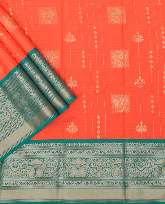 Red floral design art silk pavadai material with contrast traditional zari design border & floral zari design blouse