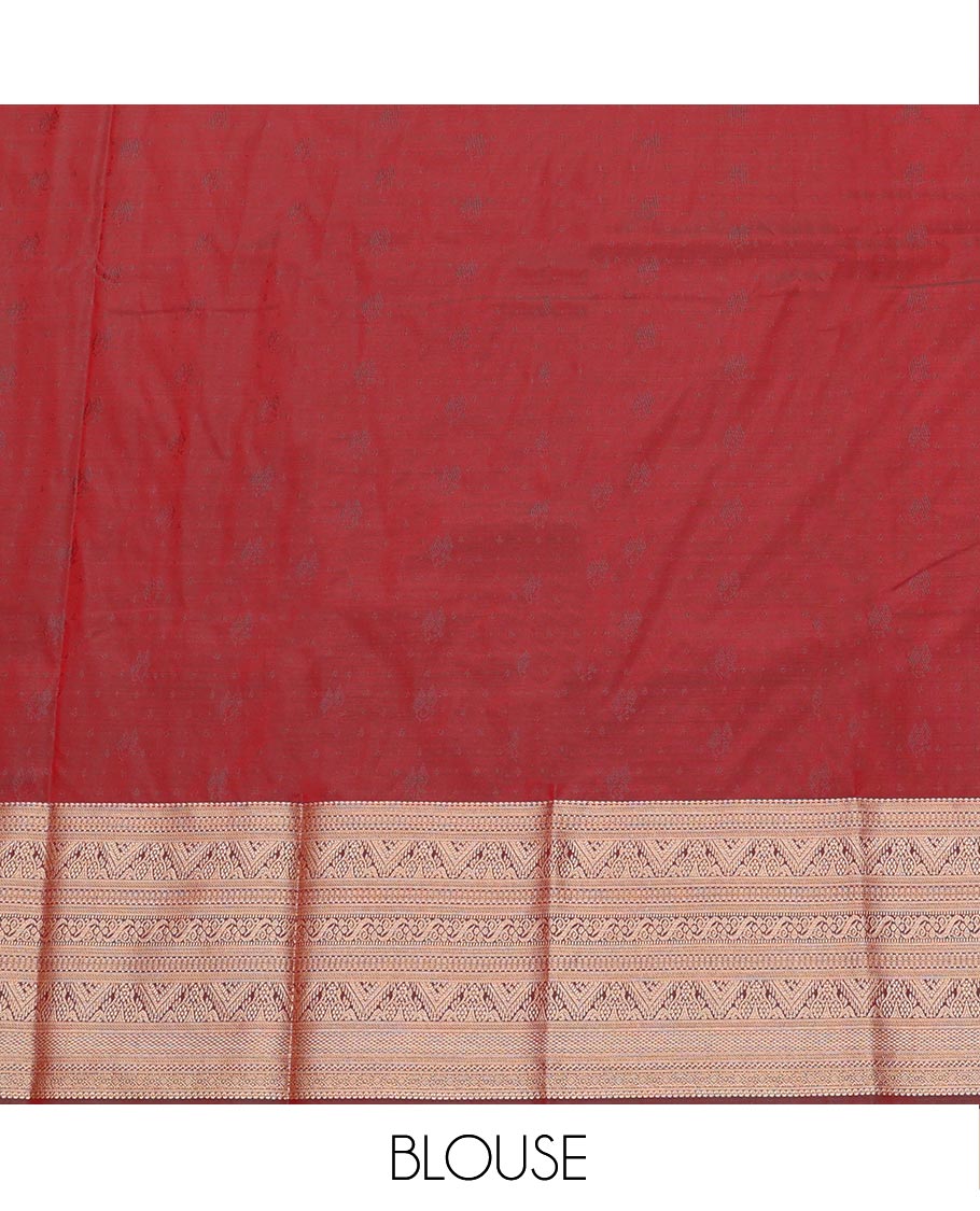 Red Art Silk Pavadai Material Set, Uniquely Detailed with Zari Buttas on Its Skirt, Complemented by a Contrast Traditional Zari Design Border, and Paired with a Contrast Blouse