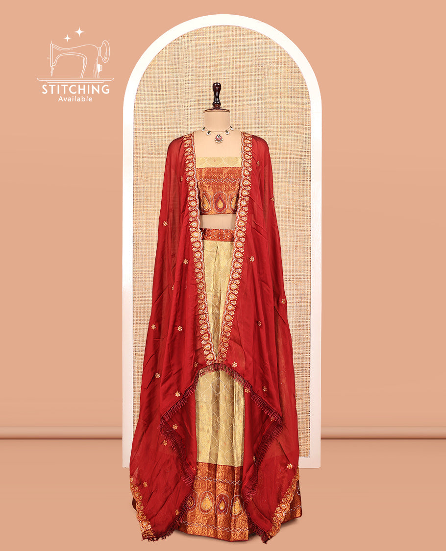 Gold-Red Banarasi Half-Saree, Bedecked with Butta Enclosed Ogee Design, a Contrast Traditional Zari Stone Work Border, a Matching Blouse, and a Contrast Embroidered Dhavani
