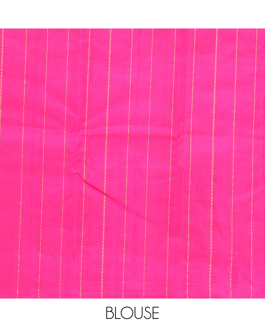 Borderless Multi-Color Palum Pazhamum Checked Kanchipuram Silk Saree, Adorned with Zari Buttas, Complemented by a Contrast Butta Enclosed Checked Pallu, and a Contrast Blouse