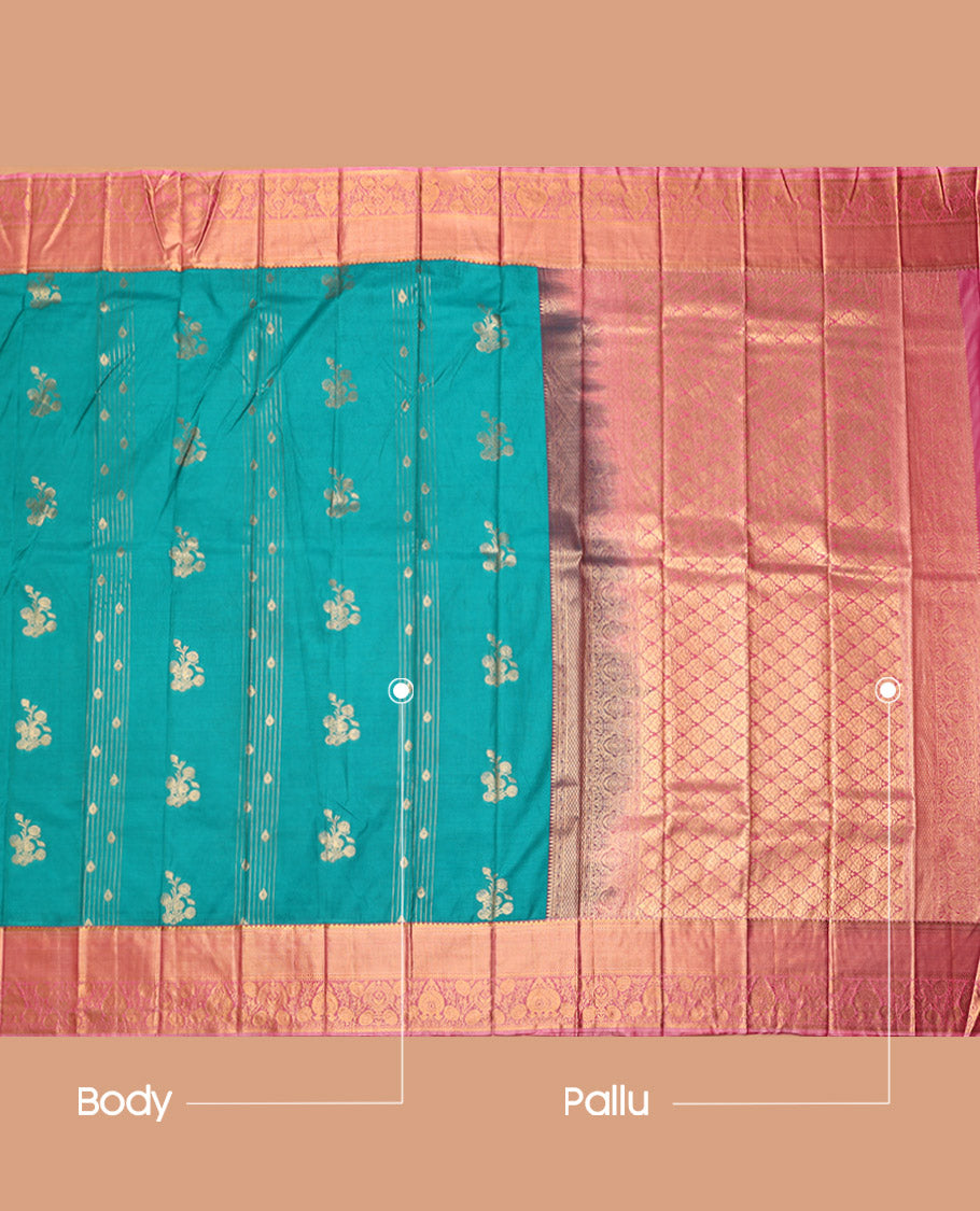 Blue Budget Silk Saree, Graced with Zari Buttas, Complemented by a Contrast Traditional Zari Border, Grand Pallu, and a Contrast Blouse