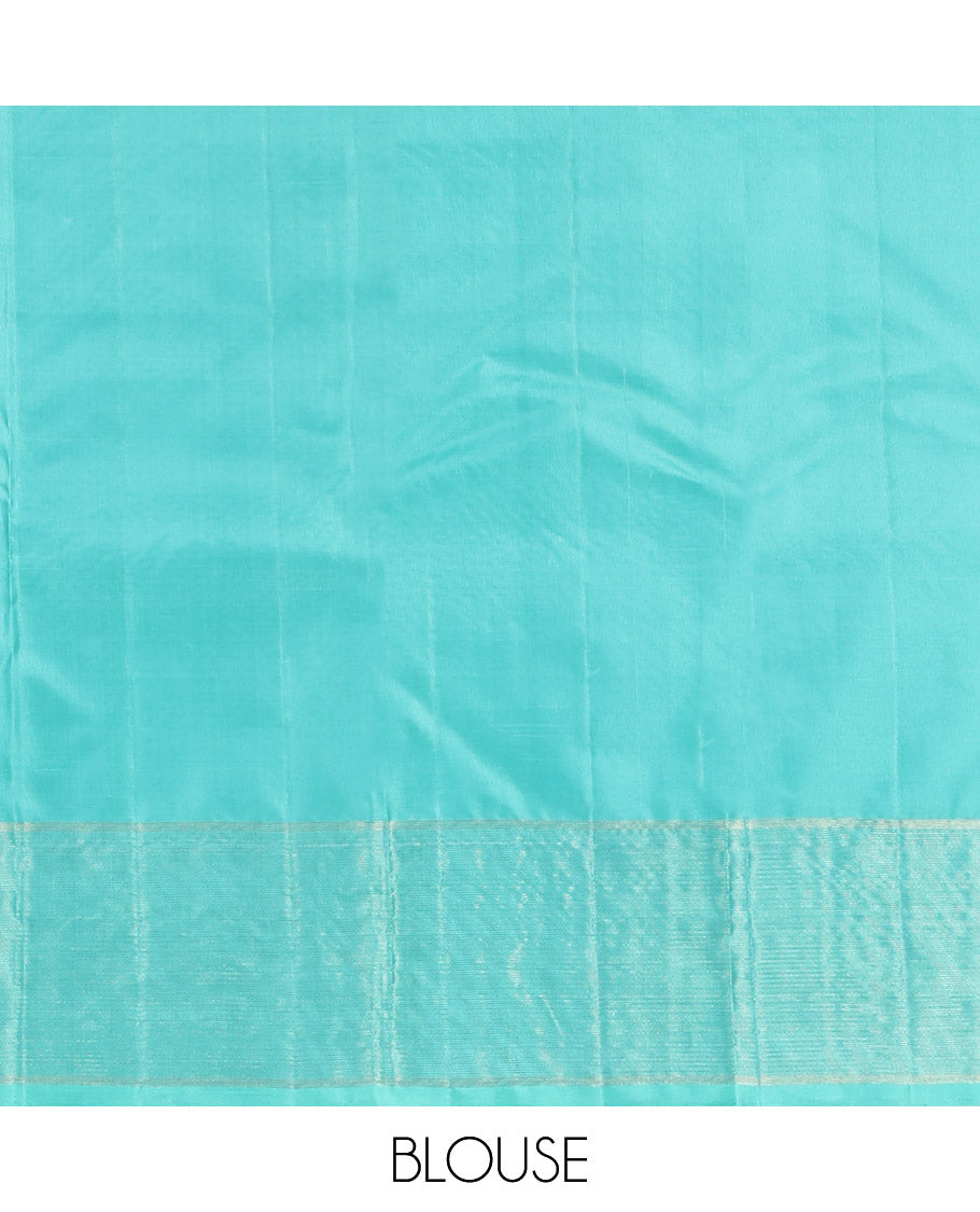 Blue Kanchipuram Silk Saree, Artfully Detailed with Neli Kolam Buttas, Highlighted by Vaira Oosi Striped Border, Contrast Geometric Pallu, and a Contrast Blouse
