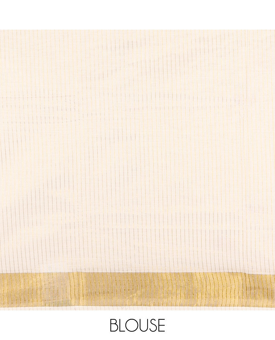 Cream-red vertically striped and cherry fruit motifs printed Kerala cotton saree with zari striped border, printed pallu, and a matching blouse