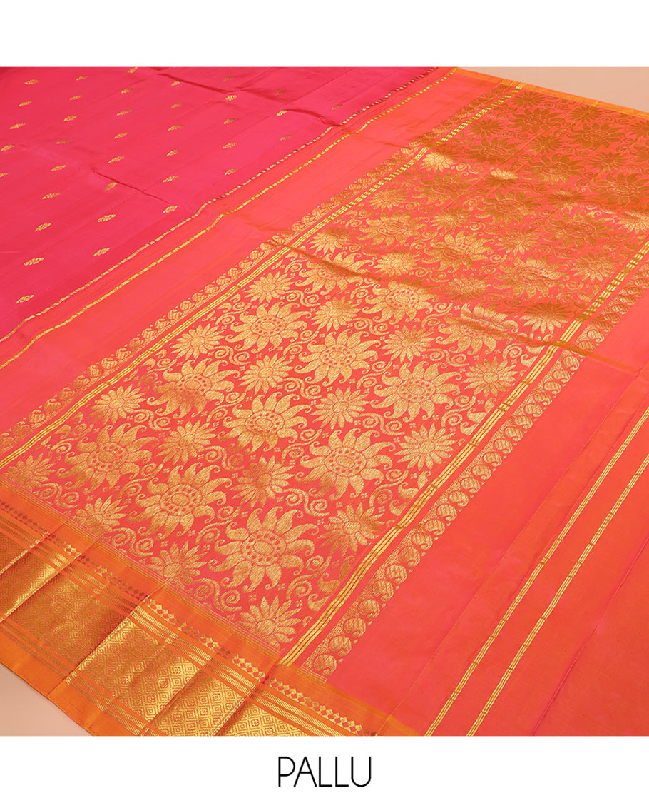 Red Kanchipuram Silk Saree, Detailed with Zari Buttas, a Contrast One-sided Border of Panner Sombu, Banaras, and Jaal Designs, Pallu of Floral Designs, and No Blouse