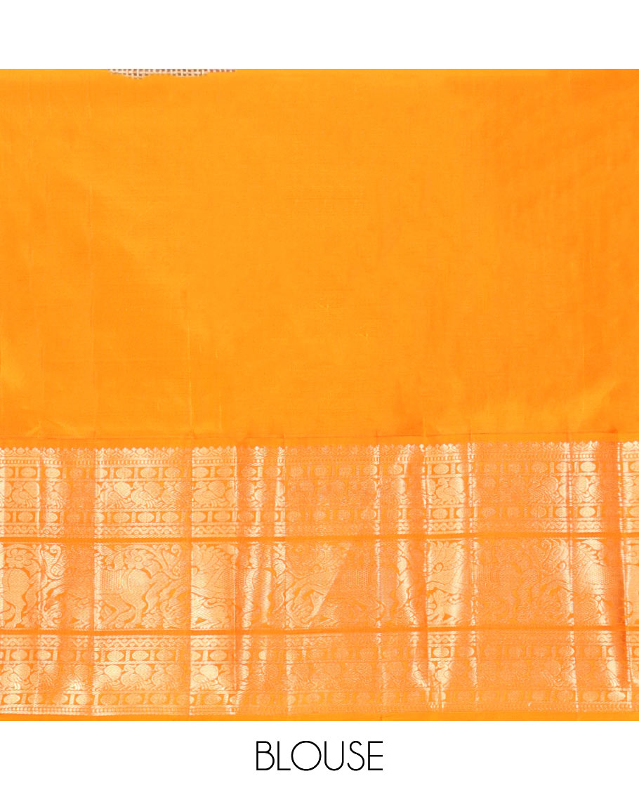 Yellow Vasundhara Silk Saree, Woven with Zari Buttas, Complemented by a Contrast Border of Muthu, Rudraksham, Poun, Mayil, Kuthirai, and Yaali Designs, Grand Pallu, and a Contrast Blouse