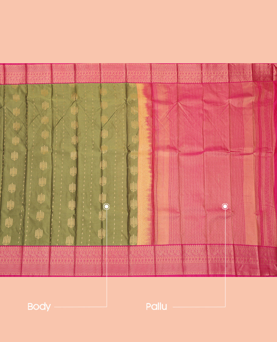 Green Budget Silk Saree Showcasing Zari Buttas, a Contrast Traditional Zari Border, Grand Pallu, and a Contrast Blouse