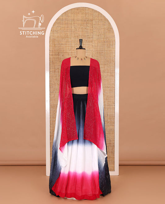 Multi-color half-saree, ombre-colored viscose georgette skirt, a plain black blouse, and a ombre-colored zari striped dhavani