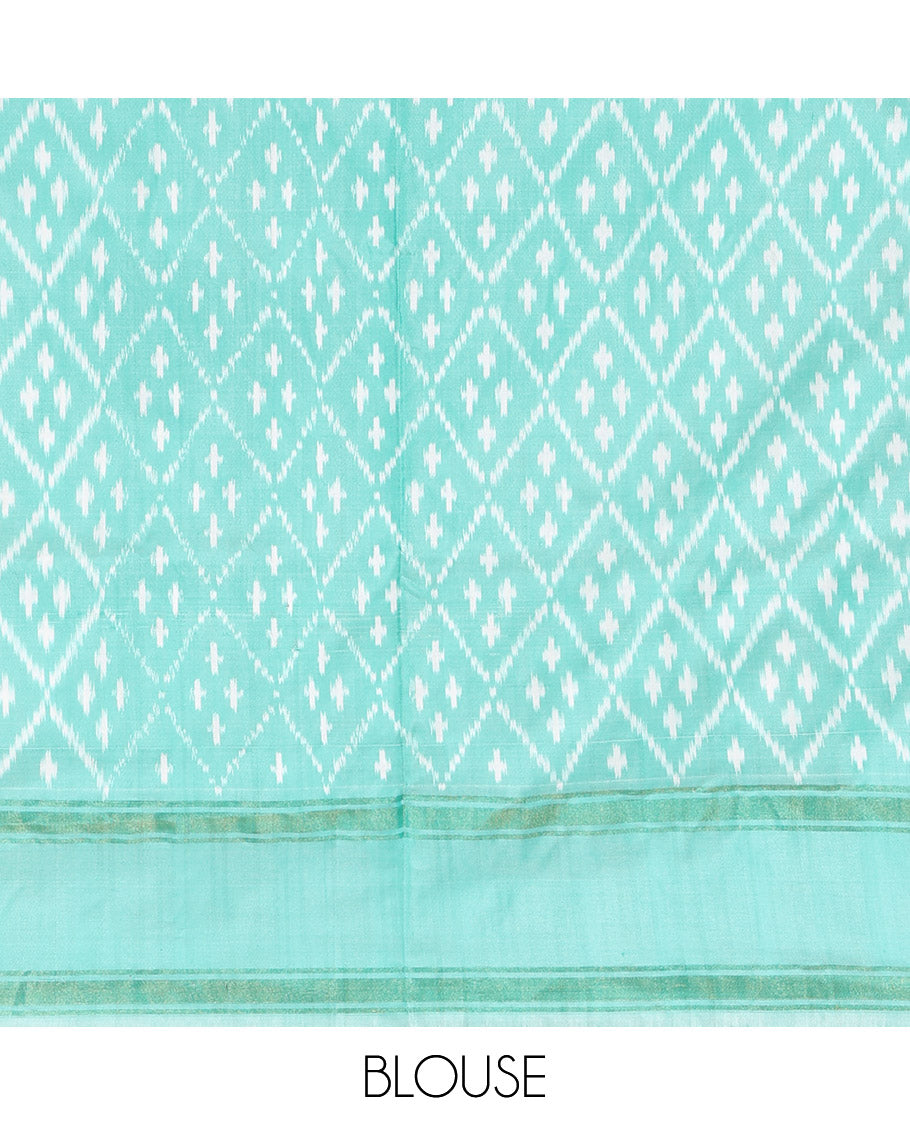 Beige Pochampally Ikat Saree, Ornamented with Buttas and Stripes, a Contrast Border, Ikat-Style Jaal Pallu, and a Contrast Blouse