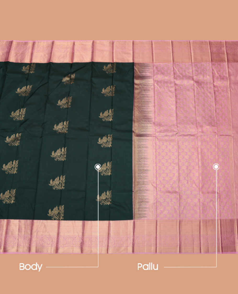 Deep Green Budget Silk Saree, Highlighted by Zari Buttas, Complemented by Contrast Traditional Zari Border, Grand Pallu and a Contrast Blouse