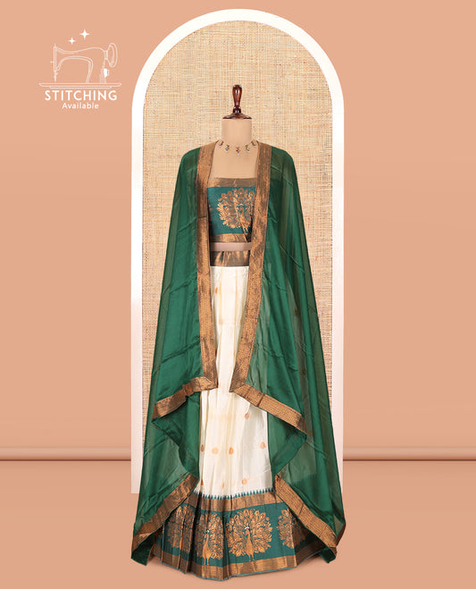 Cream-Green Semi-Silk Half-Saree