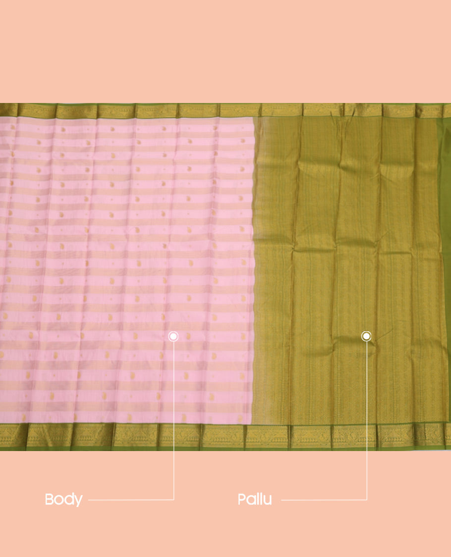 Baby Pink Budget Silk Saree, Woven with Zari Buttas and Stripes, Complemented by a Contrast Traditional Zari Border, Geometric Pallu, and Contrast Blouse