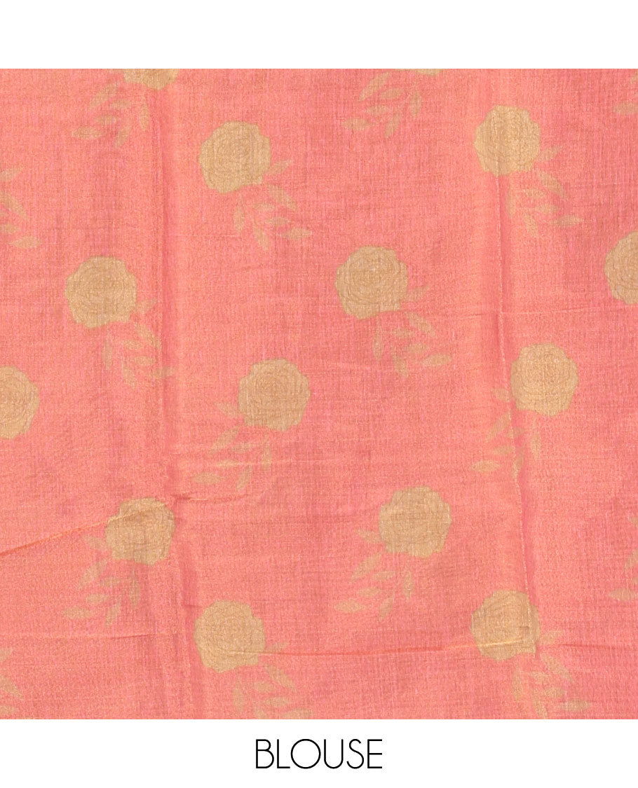 Gold and pink rose motifs printed with mirror work tissue saree, scallop embroidered border, printed pallu, and a contrast blouse