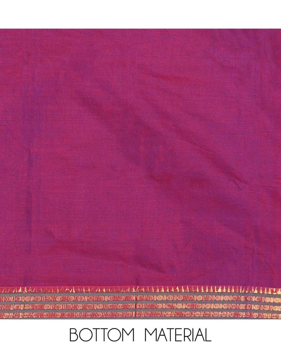 Magenta Mercerised Cotton Material Chudidar Set, Adorned with Rudraksham-Temple Bordered Top, a Mercerised Cotton Bottom, and Paired with a Matching Mercerised Cotton Rudraksham-Temple Bordered Dupatta