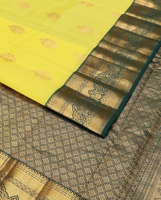 Yellow zari buttas vasundhara silkmix saree, contrast intricate pallu & border of thilakam,rudraksham,diamond & floral design