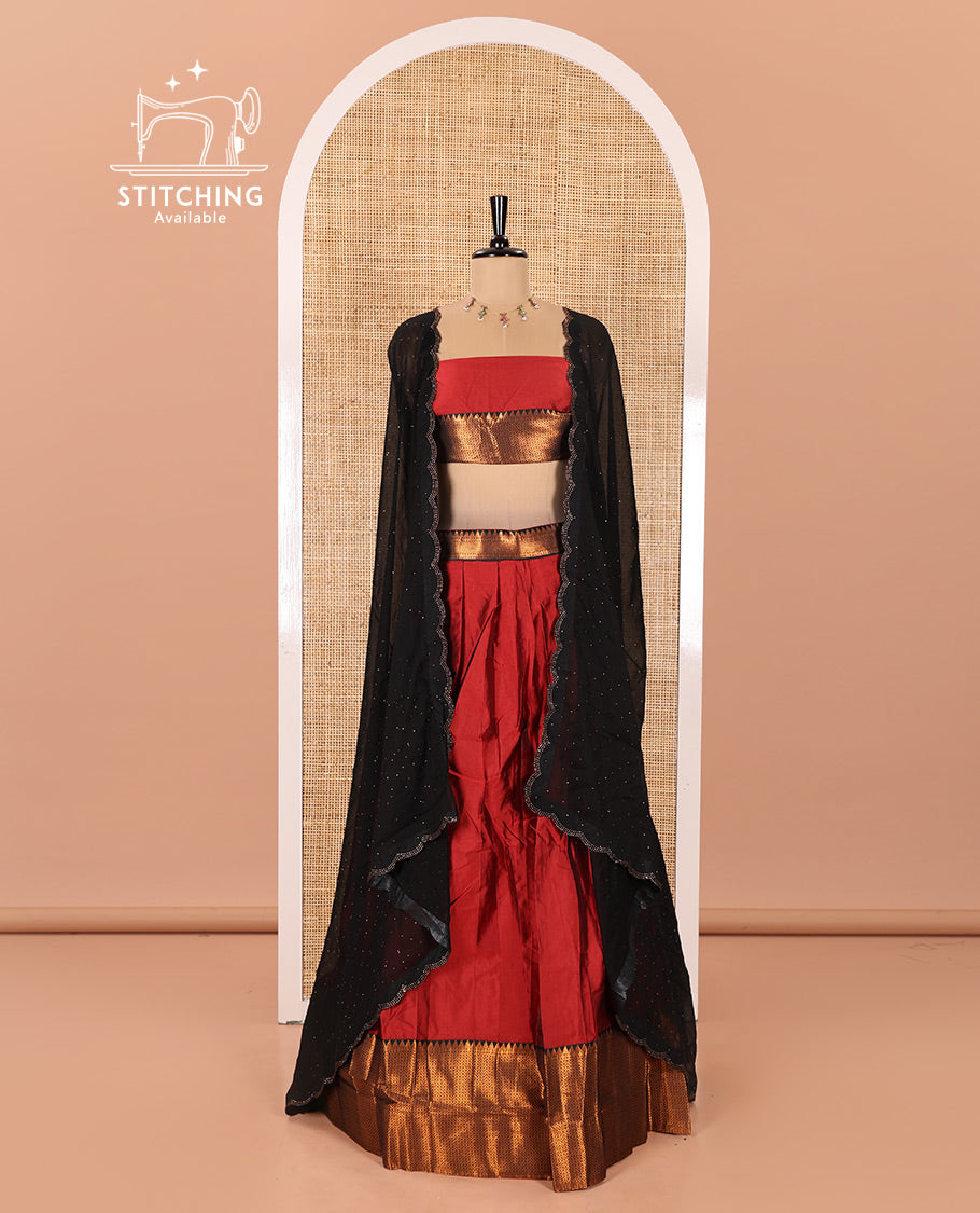 Maroon Taffeta Silk Half-Saree Featuring a Plain Skirt, Complemented by a Contrast Traditional Zari Design Border, Paired with a Matching Blouse, and a Georgette Scallop-Bordered Stone Work Dhavani