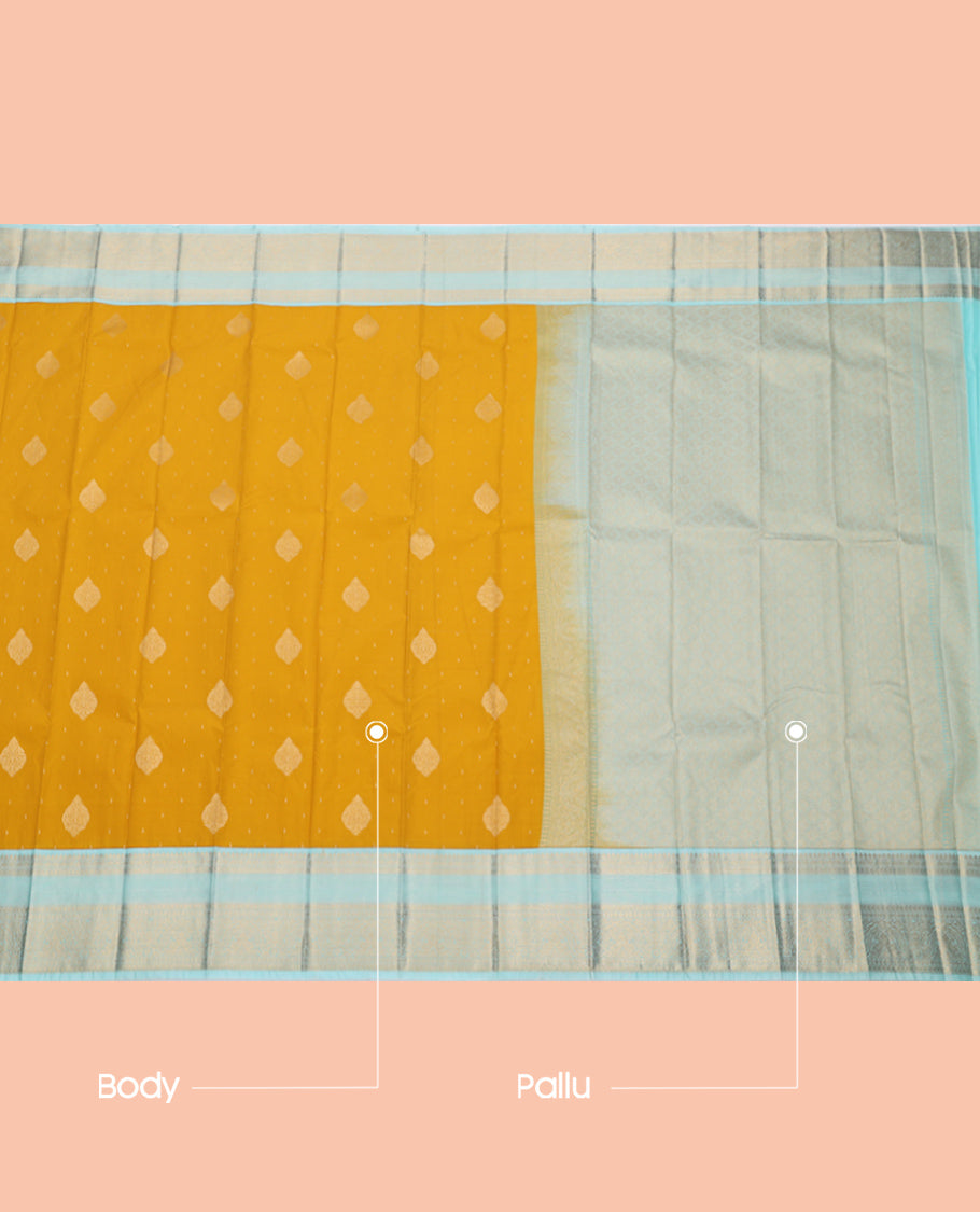 Yellow Budget Silk Saree, Sparsely Threaded with Zari Buttas, Complemented by a Contrast Traditional Zari Design Border, Grand Pallu, and a Contrast Blouse