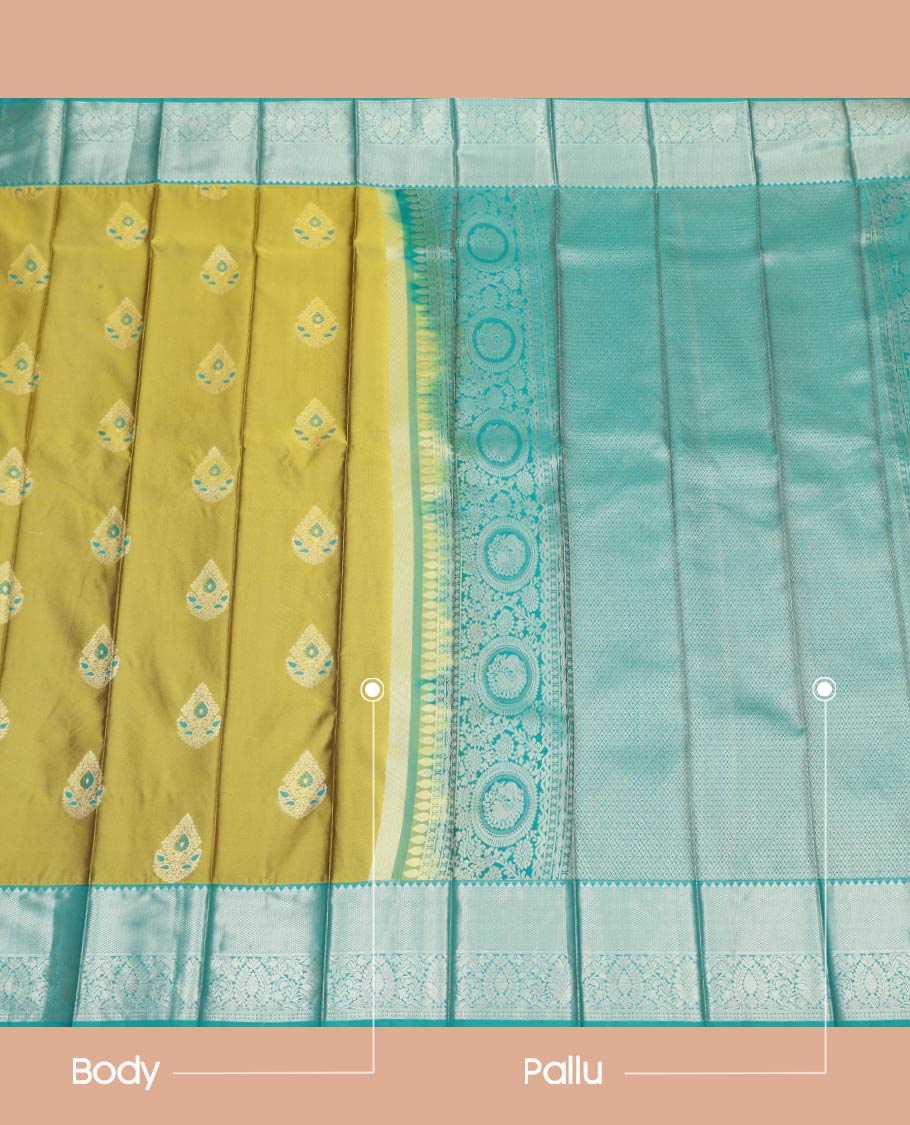 Green Budget Silk Saree, Embellished with Zari Buttas All Over Its Body, Complemented by a Contrast Traditional Zari Design Border, Jaal Pallu, and Paired with a Contrast Blouse