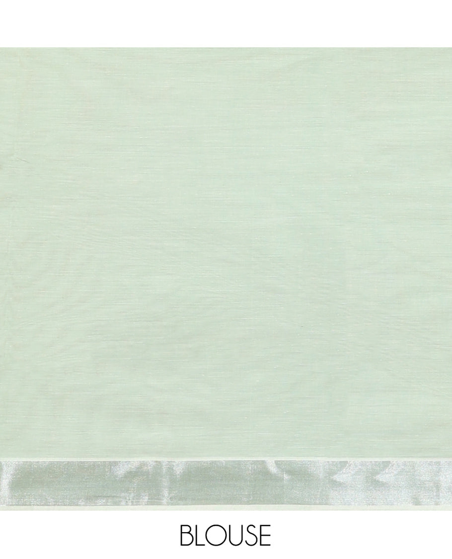 Light Pista Green Kerala Cotton Saree, Highlighted by Buttas All Over Its Body, a Zari Bavanji Border, Pallu of Intricate Designs, and Paired with a Matching Blouse