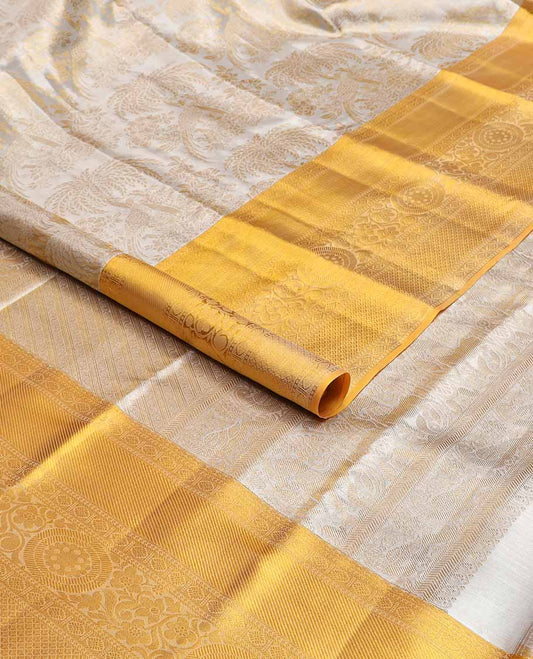White floral design kancheepuram tissue silk saree with contrast border of paun, banaras, muthu design & zari design pallu