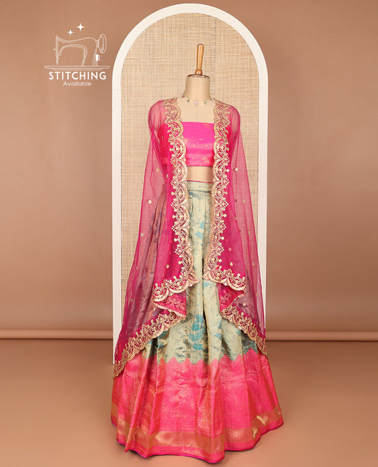 Blue floral embroidery banaras half saree with contrast intricate zari design border, zari design blouse & floral embroidered dhavani