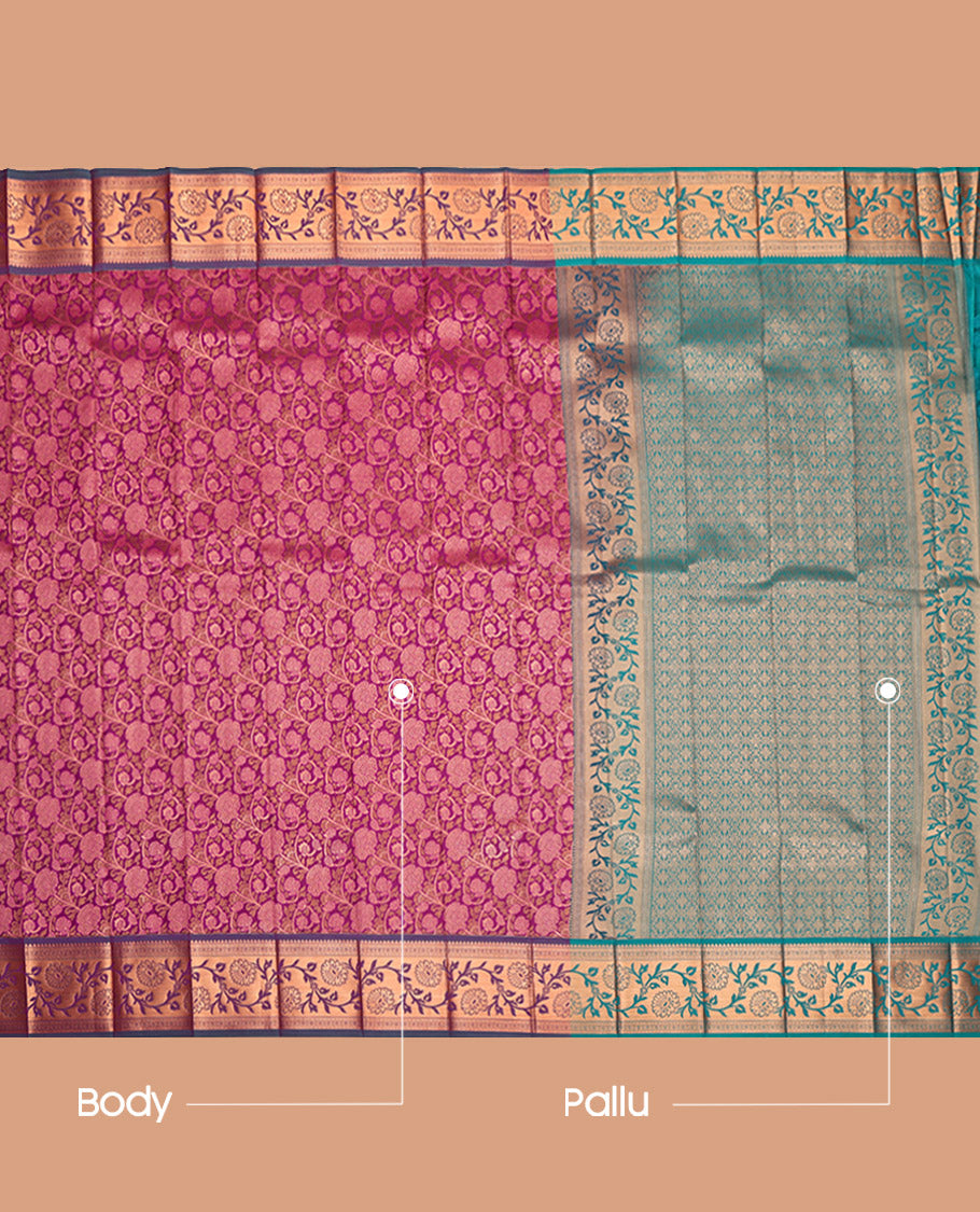 Purple Budget Silk Saree, Masterfully Woven with Floral Jaal Jacquard, a Contrast Traditional Zari Border, Grand Pallu and a Contrast Blouse