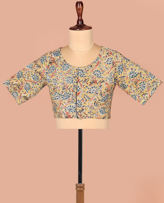 Green Readymade Blouse Subtly Sparkled with Kalamkari Floral Vine Print, Featuring Front Round-Neck, Back Closed Neck, and Elbow Sleeves