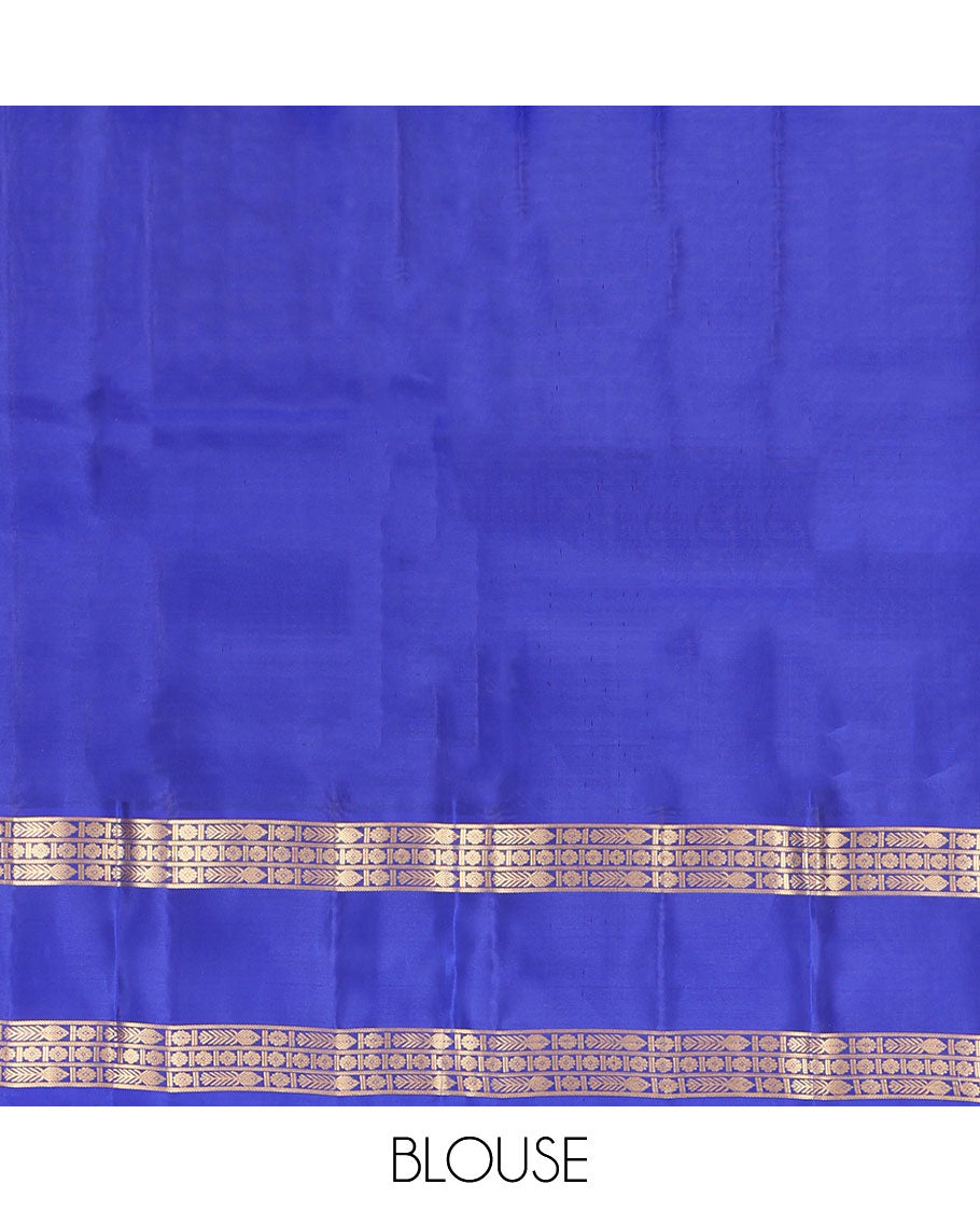 Blue Vasundhara Lite Silk Mix Saree, Gleamed Up with Zari Buttas and Checks, a Contrast Rettai Pettu Border of Meen and Kamalam Designs, Grand Pallu, and a Contrast Blouse