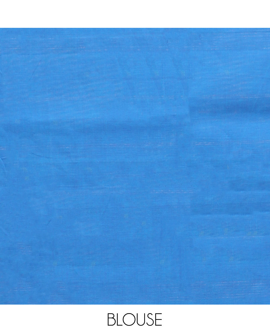 Royal Blue Chettinad Cotton Saree, Crafted with Thread Buttas All Over Its Body, Complemented by a Contrast Traditional Zari Border, Pallu of Buttas and Stripes, and Paired with a Matching Blouse