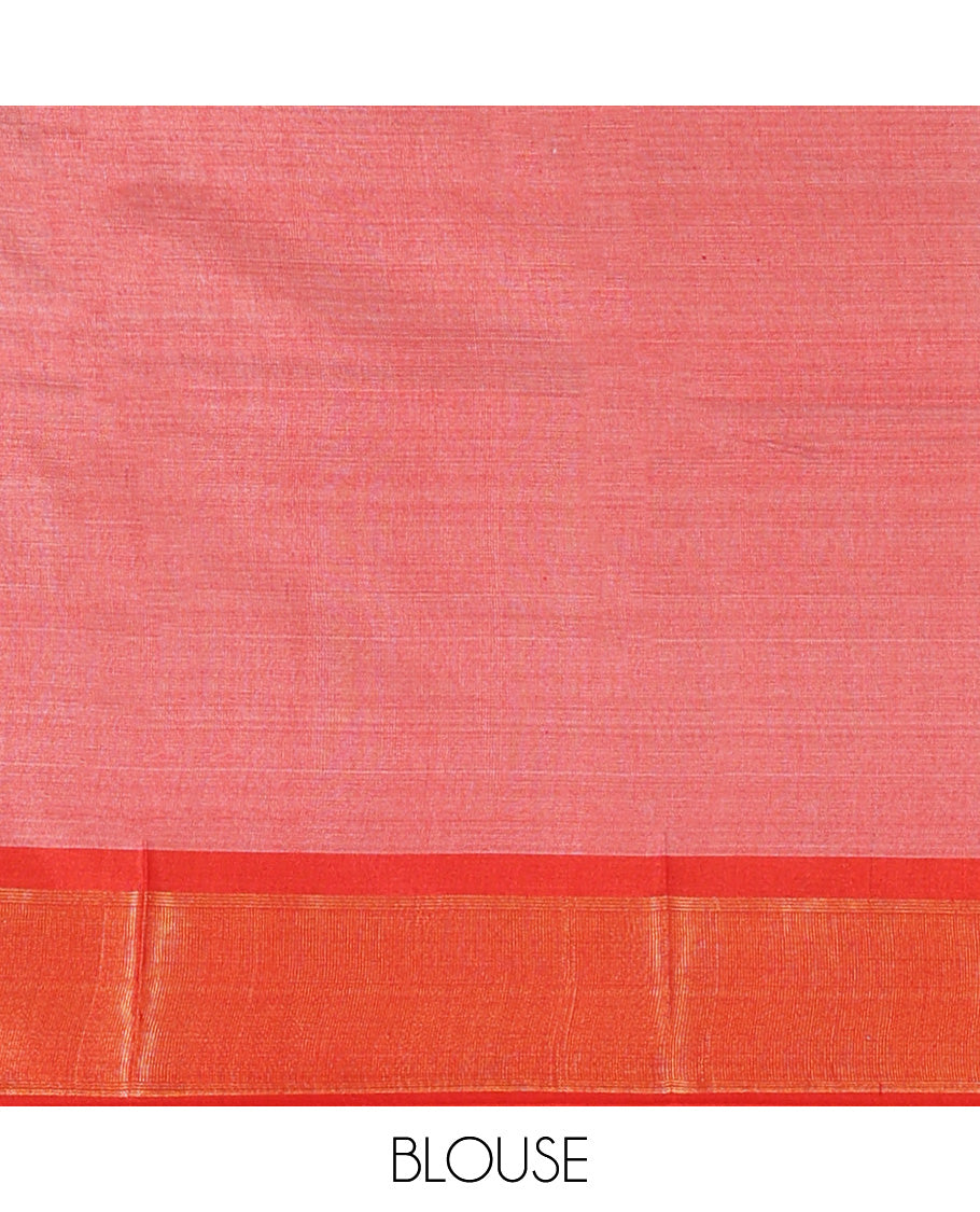 Sandal Tussar Saree, Finely Crafted with Warli Buttas, a Contrast Temple Border, Warli-Themed Thread-Woven Pallu, and a Contrast Blouse