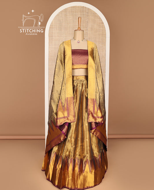 Brown floral design banaras half saree with contrast temple zari design border , zari design blouse & floral zari design dhavani